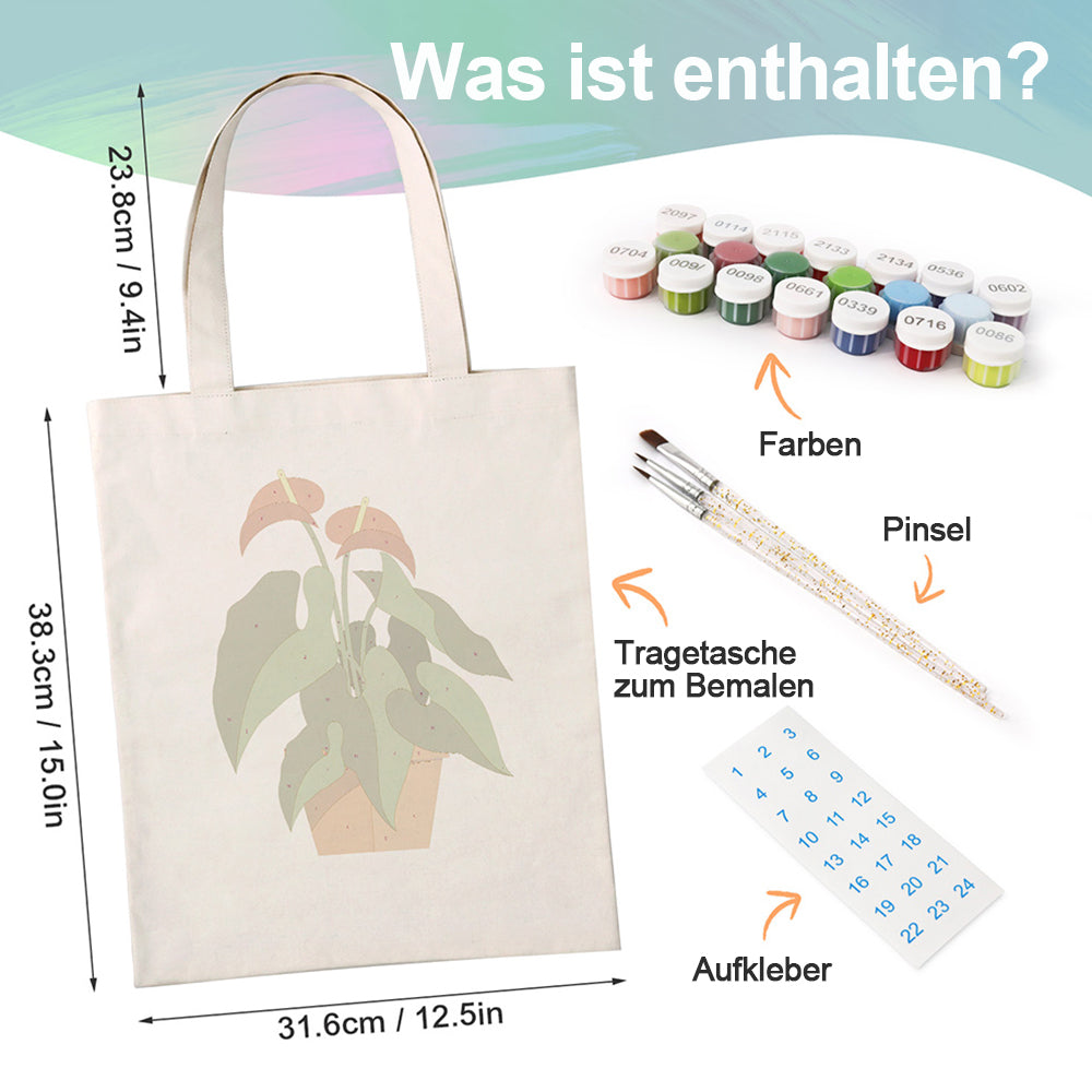 Topfpflanzen mit Roten Blumen und Grünen Blättern Leinwand Tragetasche Malen nach Zahlen