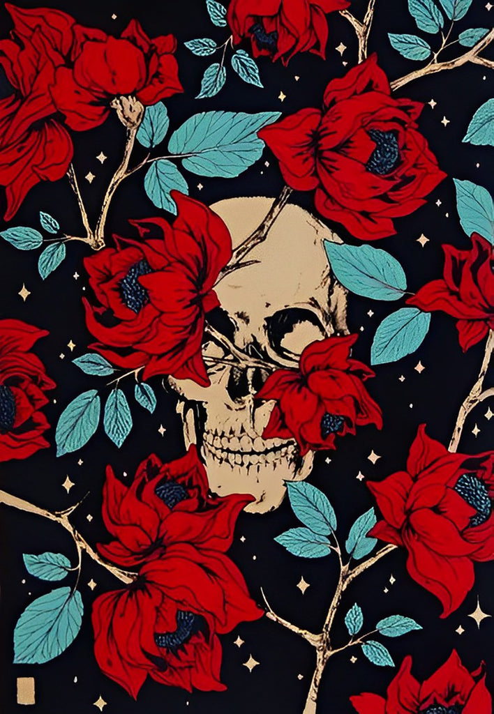 Totenkopf und rote Rosen Malen nach Zahlen