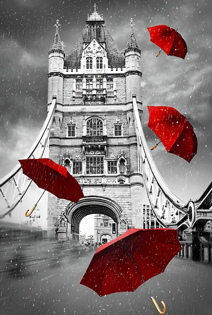 Tower Bridge und rote Schirme in London Malen nach Zahlen