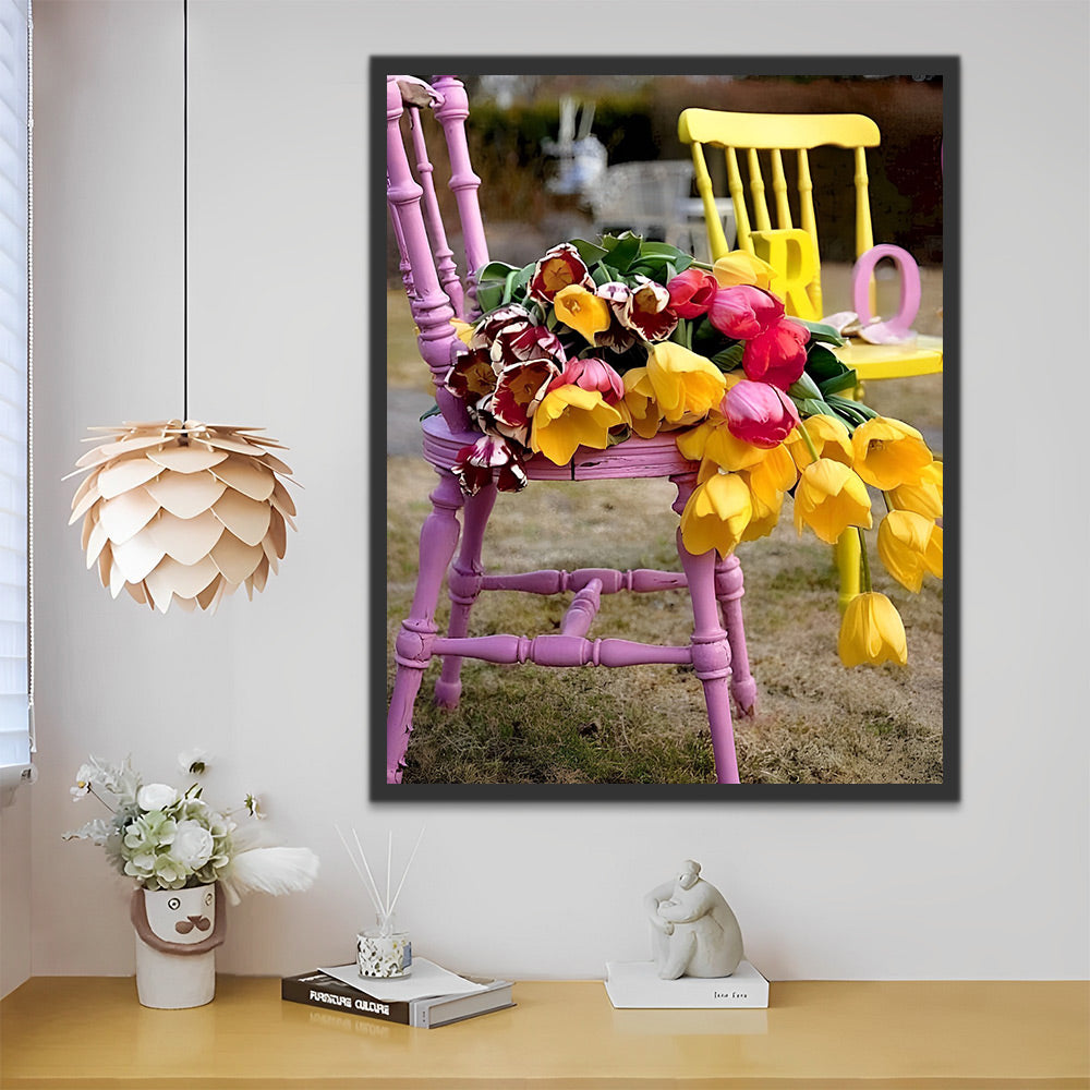 Tulpen auf dem rosa Stuhl Malen nach Zahlen