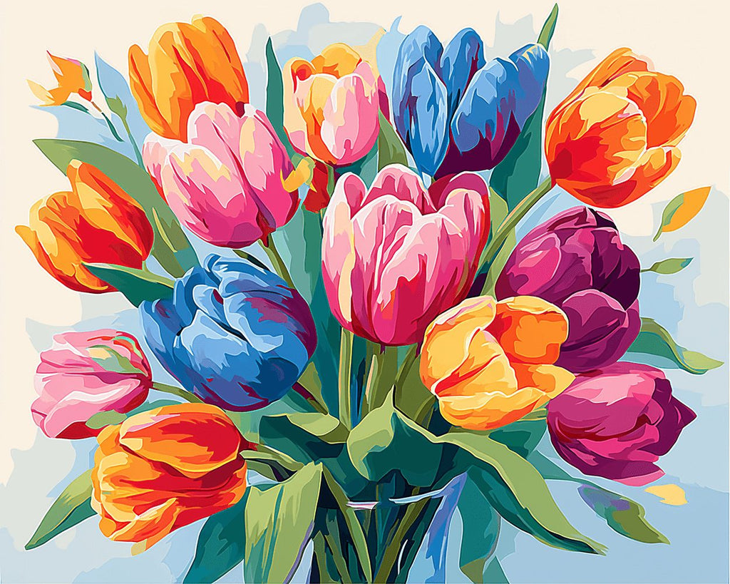 Tulpen in vier leuchtenden Farben Malen nach Zahlen
