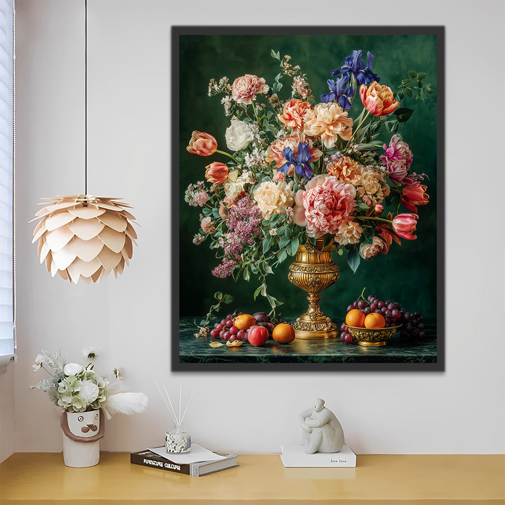 Tulpen, Pfingstrosen und Iris in der Goldvase Malen nach Zahlen