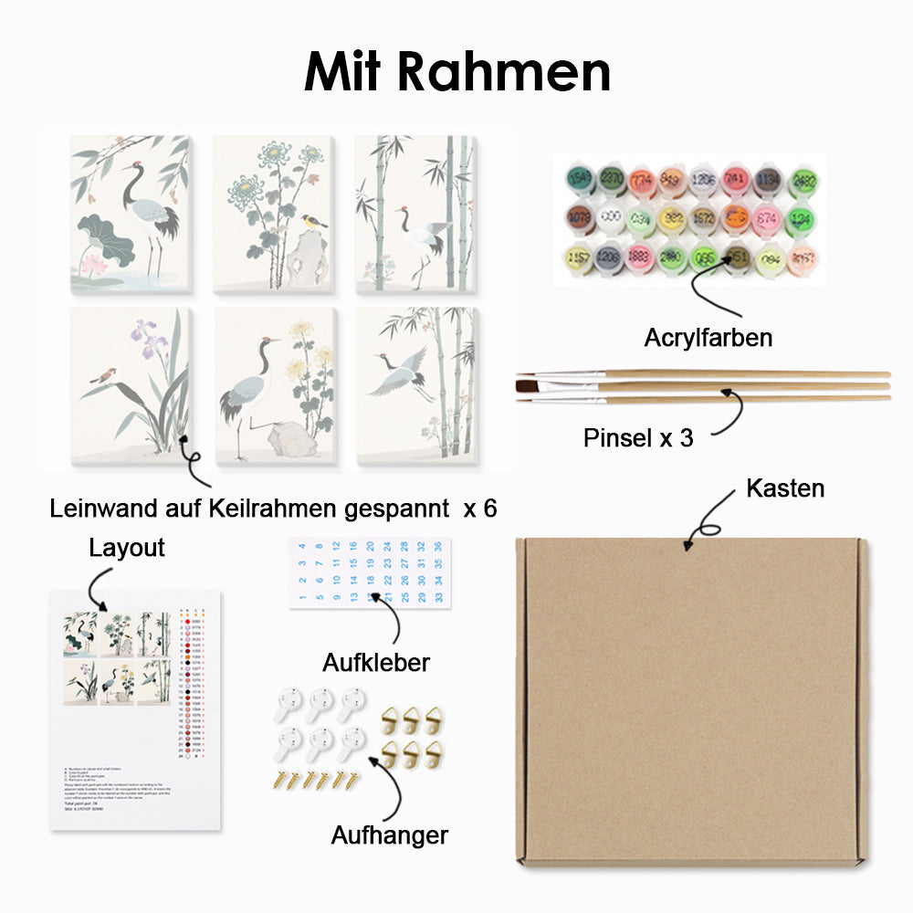 Tuschemalerei von Kranichen und Bambus 6 Stück Mini Malen nach Zahlen