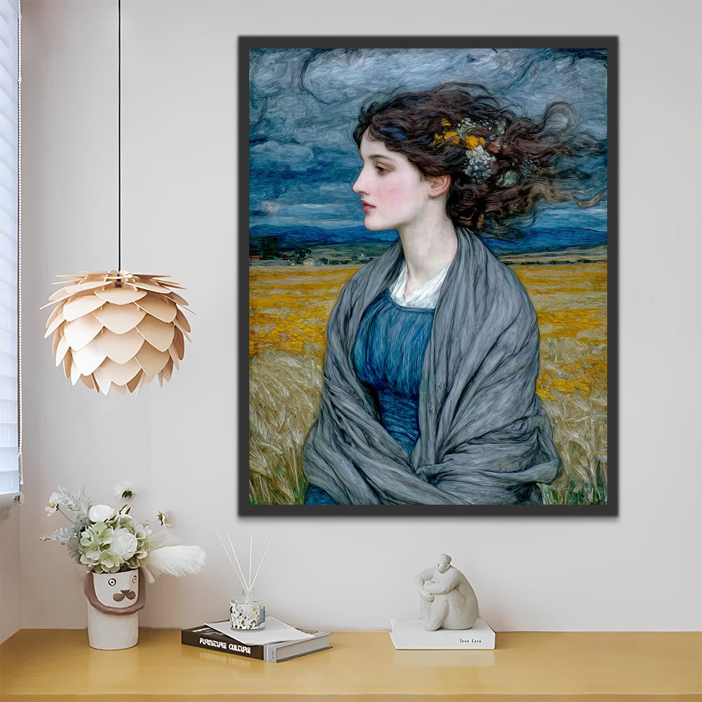 Van Gogh Stil - Frau im blauen Kleid auf dem Feld Malen nach Zahlen
