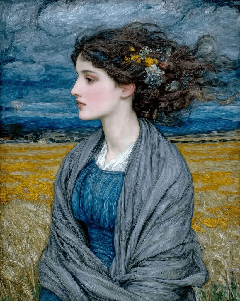 Van Gogh Stil - Frau im blauen Kleid auf dem Feld Malen nach Zahlen