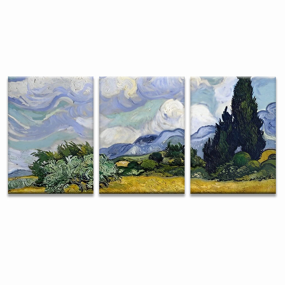 Van Gogh Weizenfeld mit Zypressen 3-teilig Triptychon Malen nach Zahlen