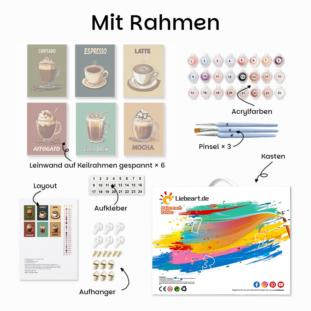 Verschiedene Kaffee 6 Stück Mini Malen nach Zahlen