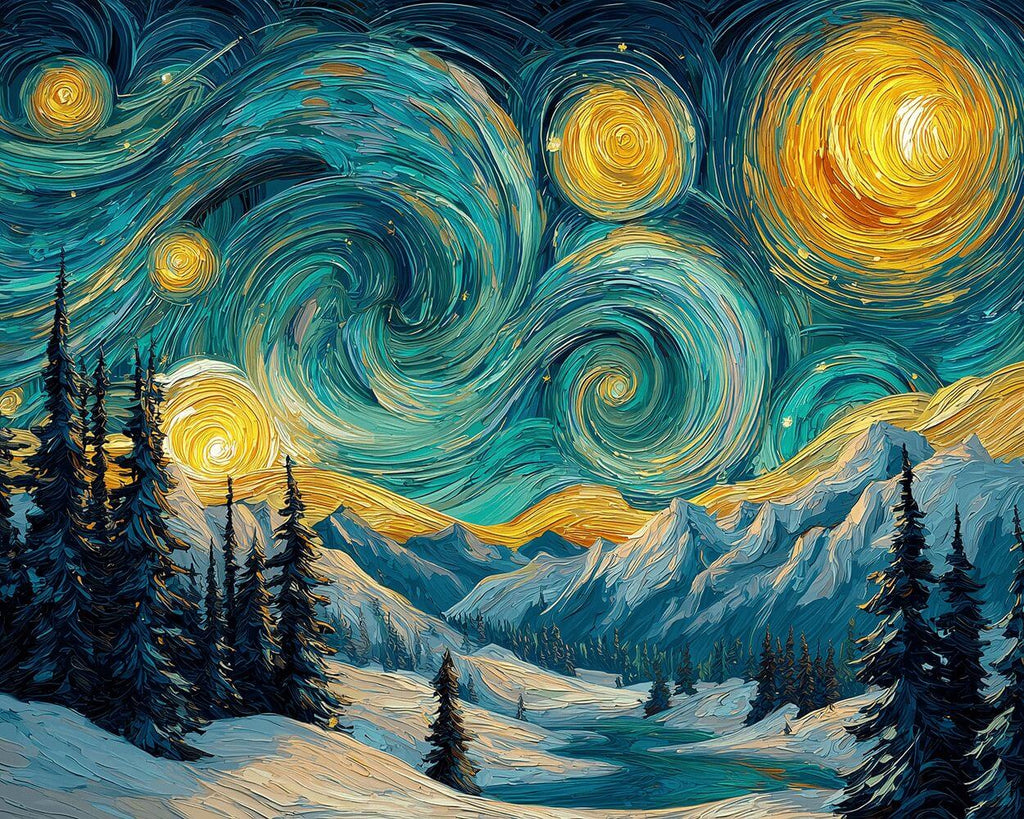 Verschneite Berge in der sternenklaren Nacht Malen nach Zahlen