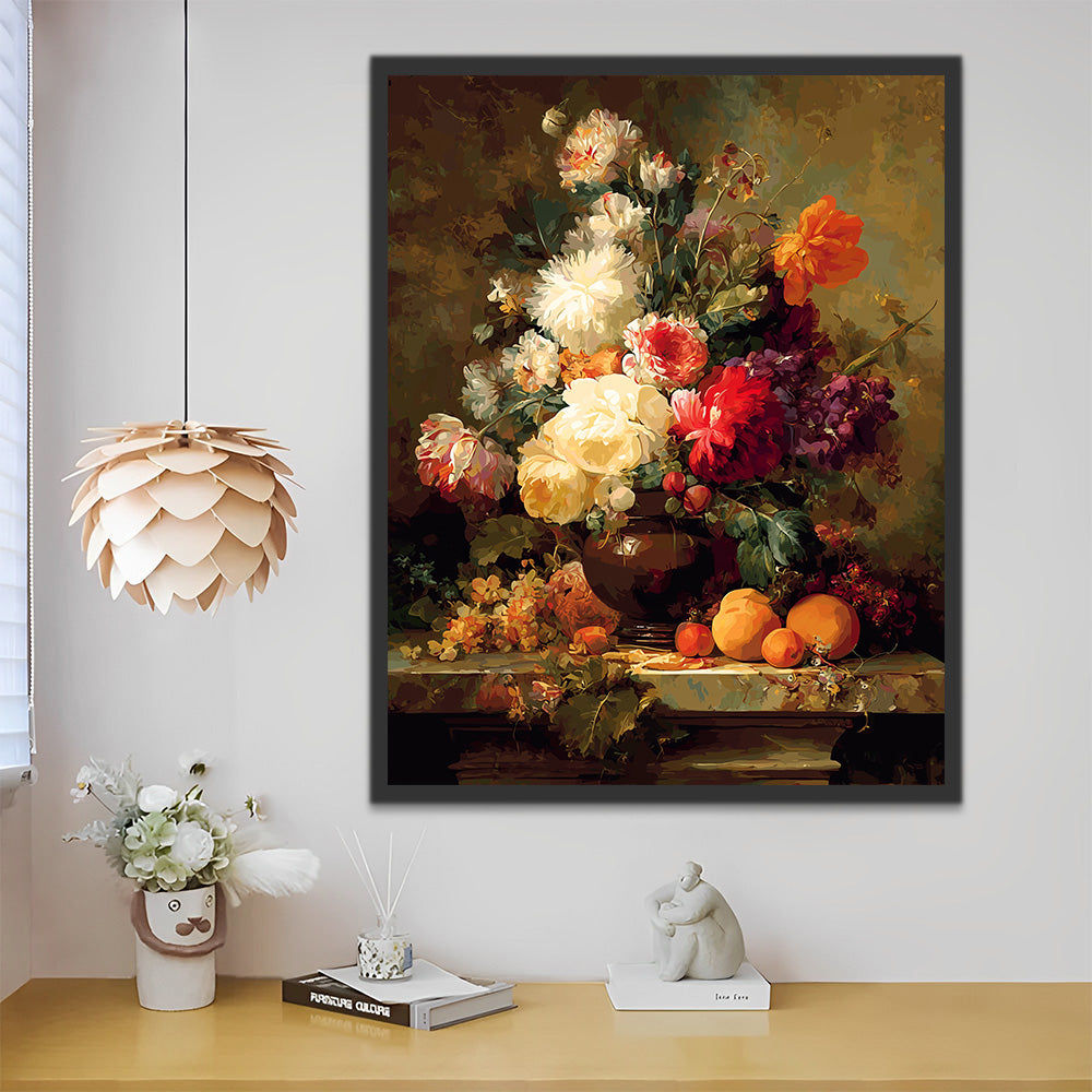 Vintage Stillleben mit Chrysanthemen und Obst Malen nach Zahlen