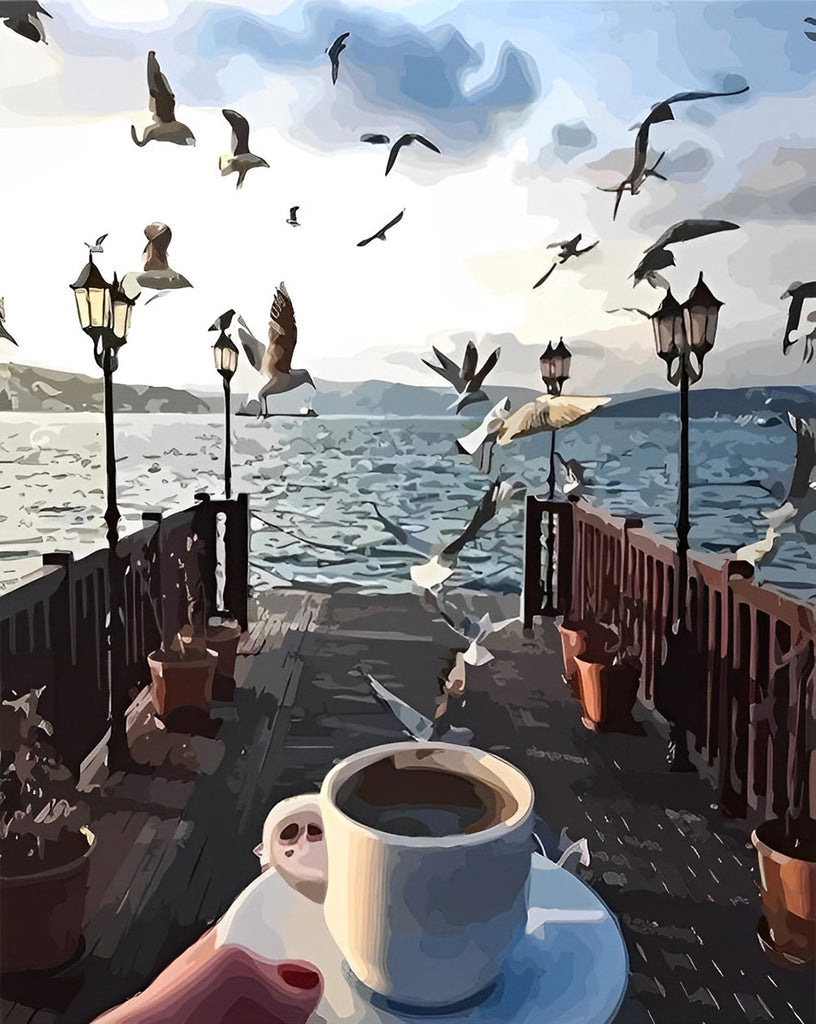 Vögel und Kaffee am Meer Malen nach Zahlen