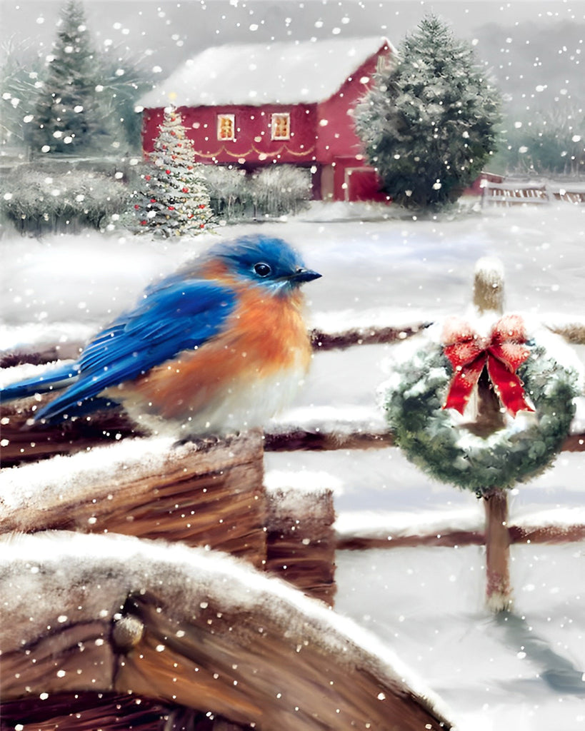 Vogel und Weihnachtskranz im Schnee Malen nach Zahlen