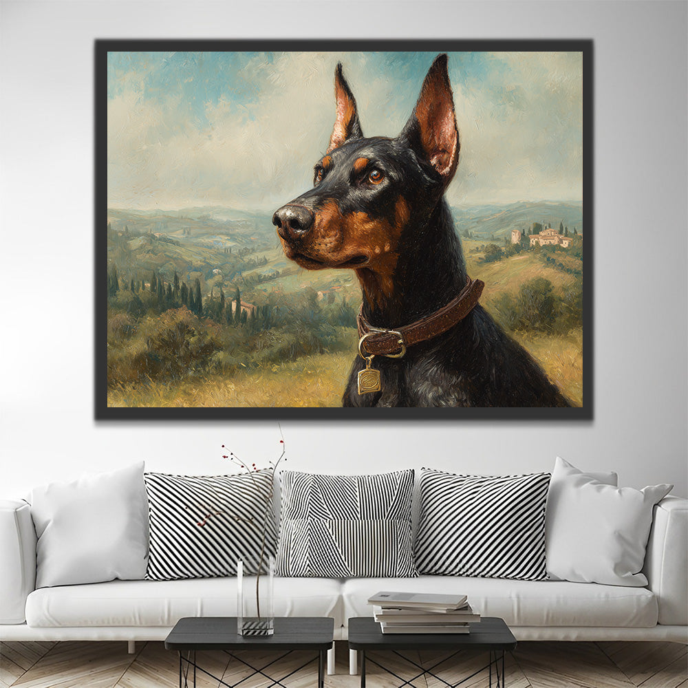 Wachsamer Dobermann Pinscher auf dem Lande Malen nach Zahlen