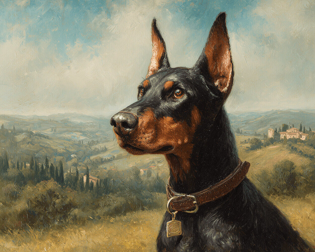 Wachsamer Dobermann Pinscher auf dem Lande Malen nach Zahlen