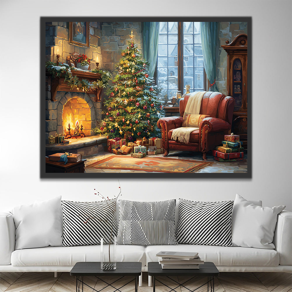 Warmer Kamin und Weihnachtsbaum Malen nach Zahlen