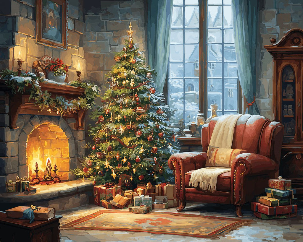 Warmer Kamin und Weihnachtsbaum Malen nach Zahlen