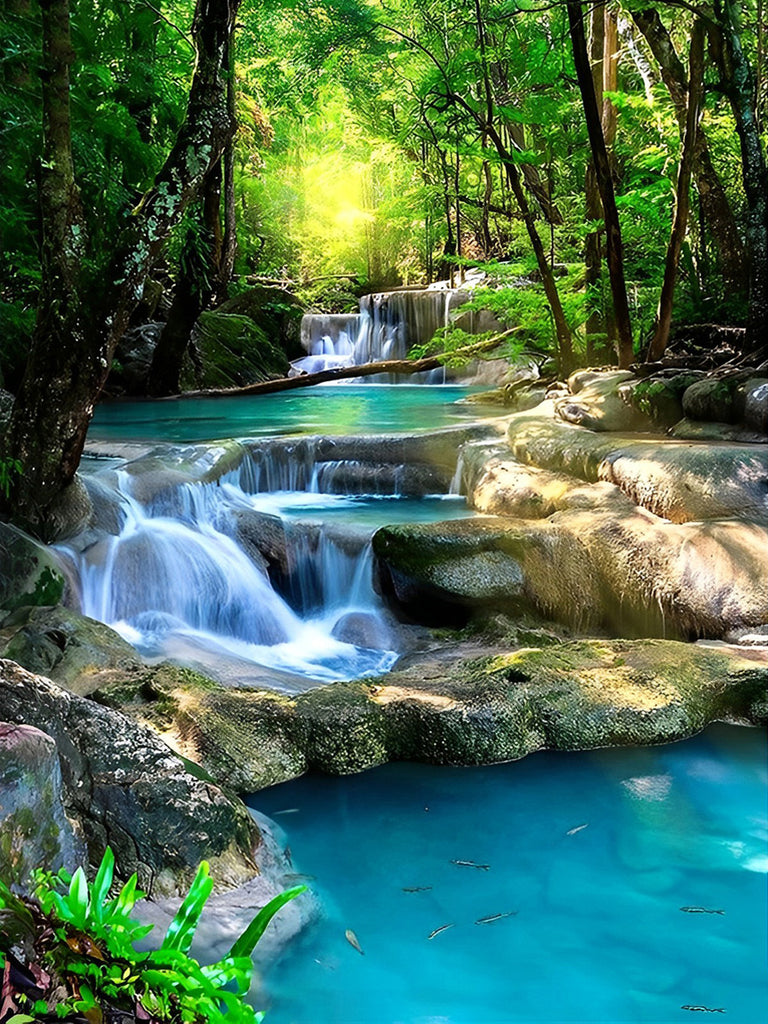 Wasserfall im Wald Malen nach Zahlen