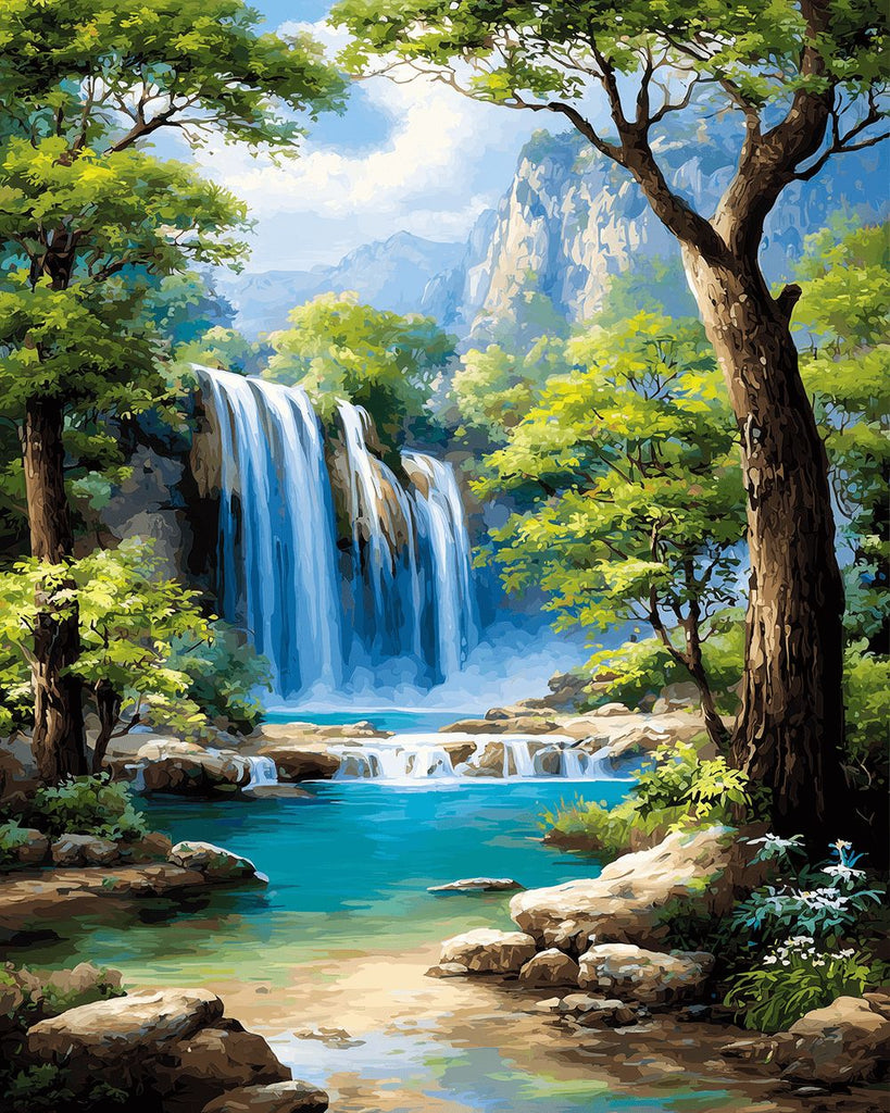 Wasserfall in den Bergen Malen nach Zahlen