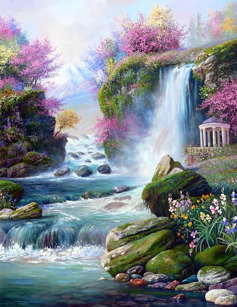 Wasserfall und bunte Blumen Malen nach Zahlen