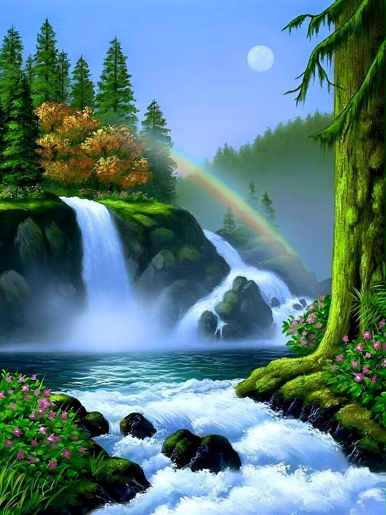 Wasserfall und Regenbogen im Wald Malen nach Zahlen