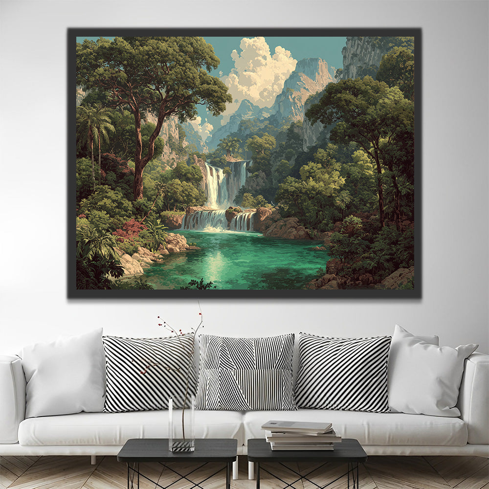 Wasserfall in den Bergen Malen nach Zahlen