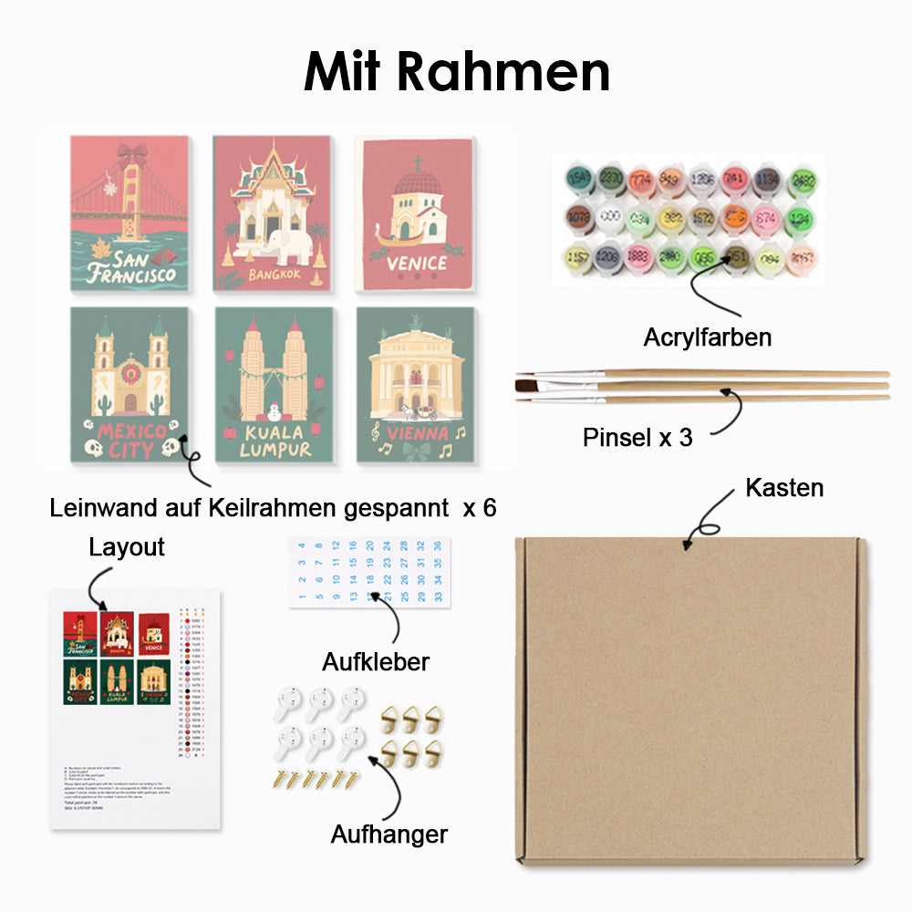 Weihnachten in Berühmten Städten 6 Stück Mini Malen nach Zahlen