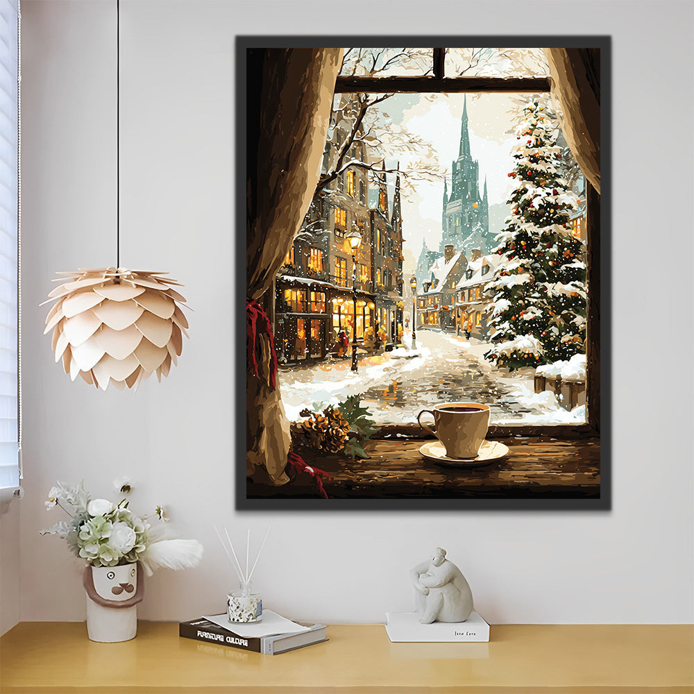 Weihnachten in der Stadt außerhalb des Fensters Malen nach Zahlen