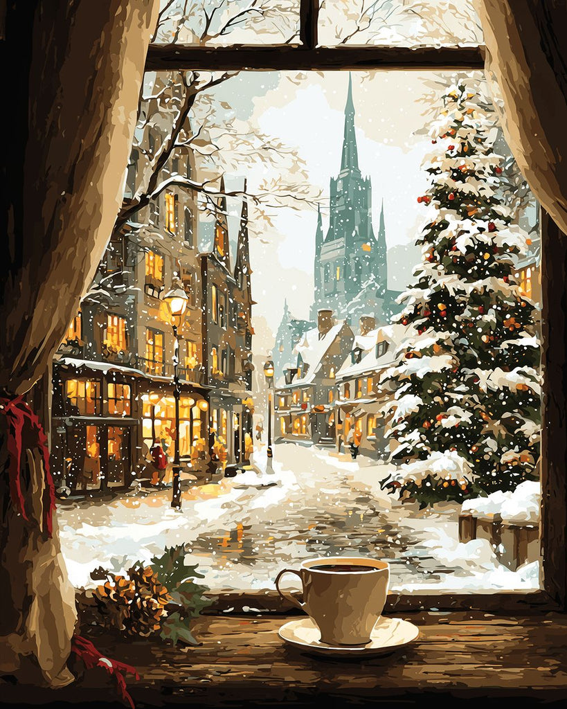 Weihnachten in der Stadt außerhalb des Fensters Malen nach Zahlen