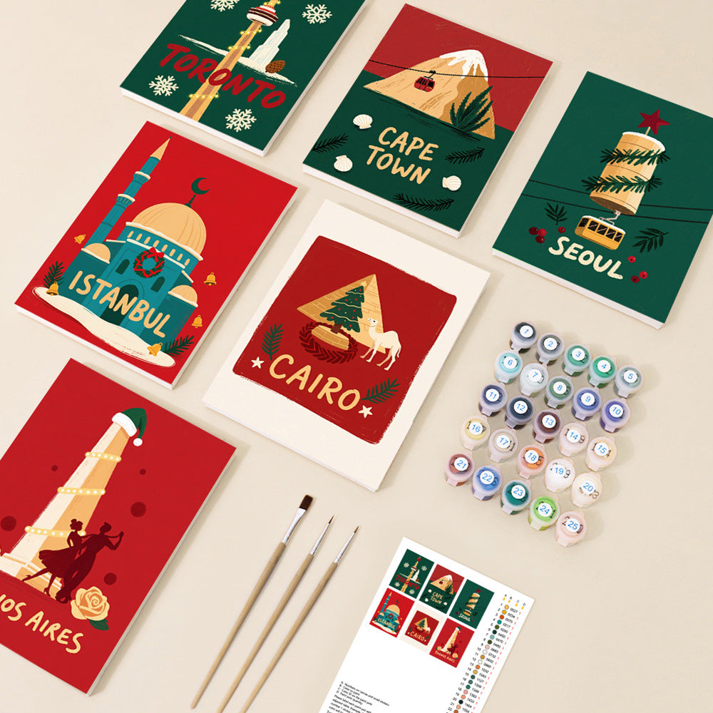 Weihnachten in Verschiedenen Städten 6 Stück Mini Malen nach Zahlen