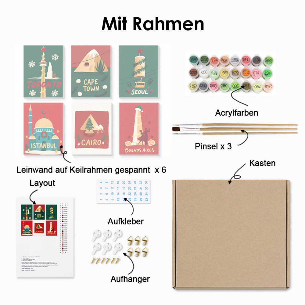 Weihnachten in Verschiedenen Städten 6 Stück Mini Malen nach Zahlen
