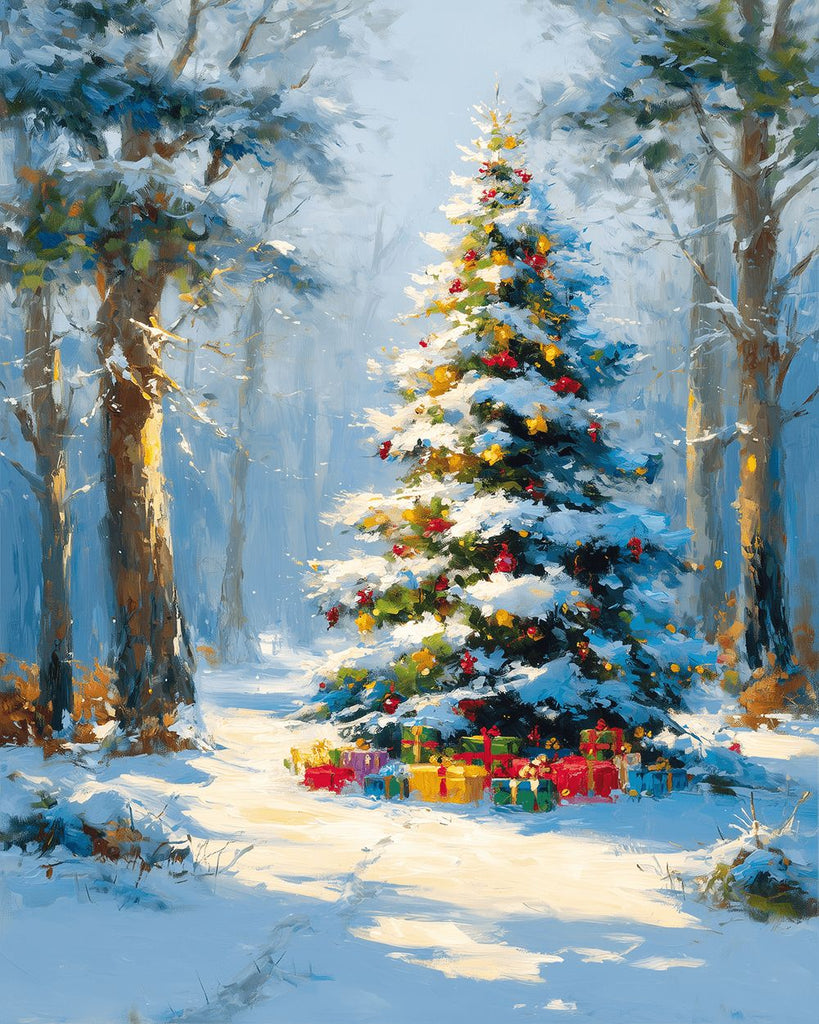 Weihnachtsbaum im verschneiten Wald Malen nach Zahlen