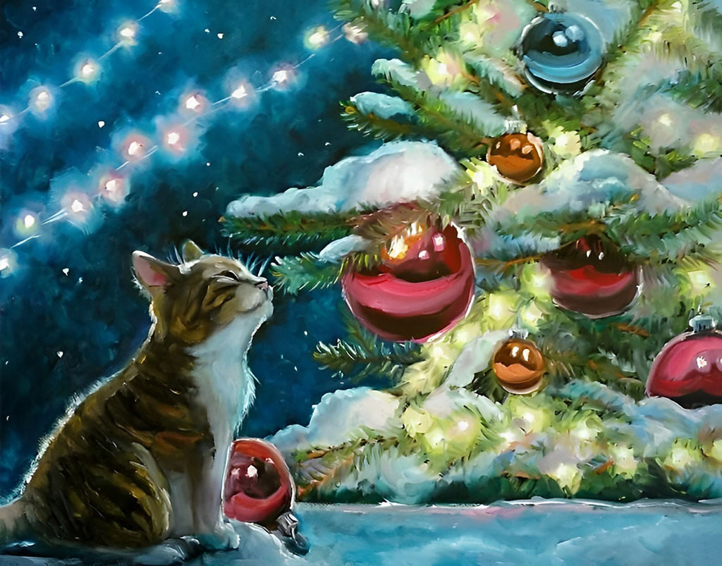 Weihnachtsbaum und Katze im Winter Malen nach Zahlen