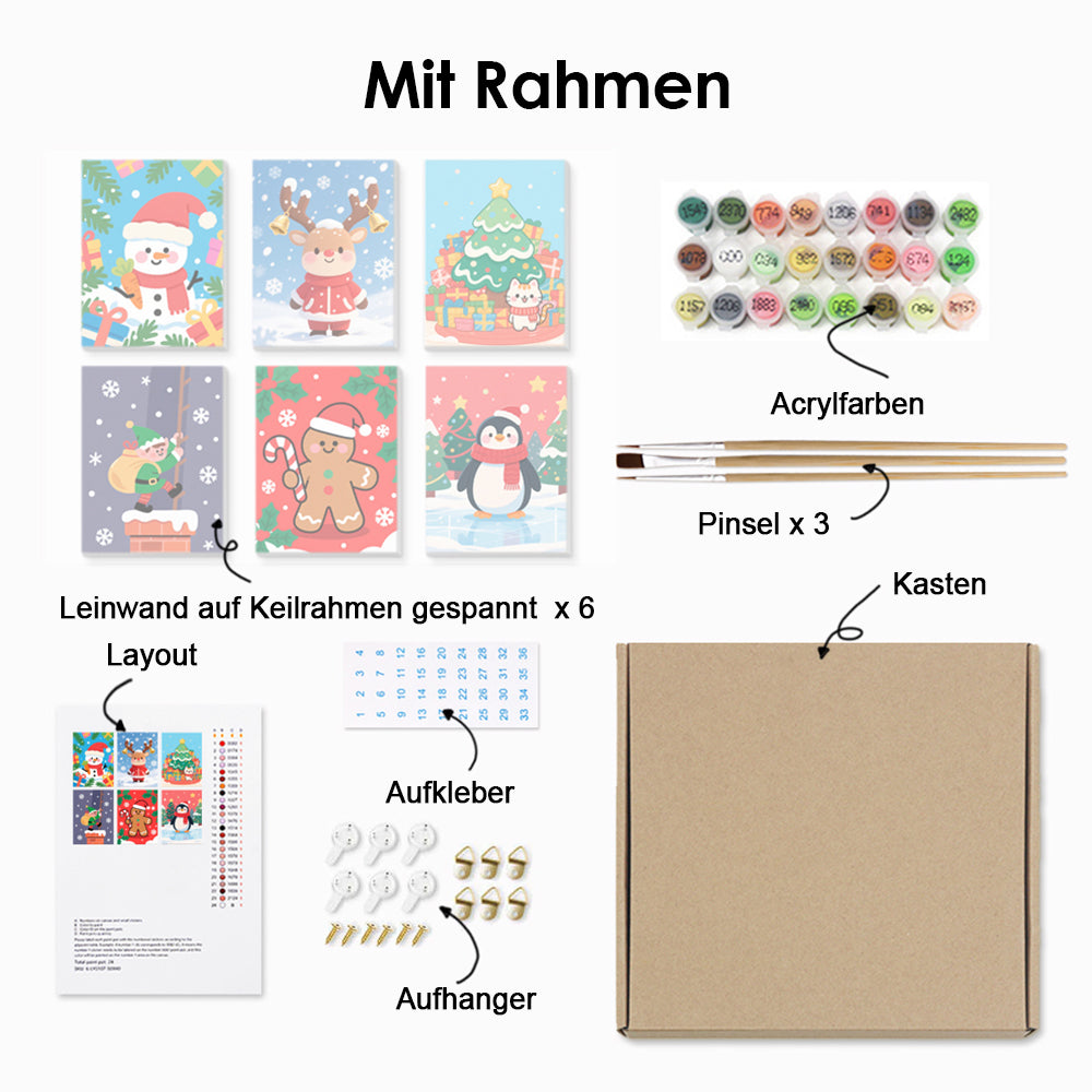 Weihnachtsgeschenke und Schneeflocken 6 Stück Mini Malen nach Zahlen