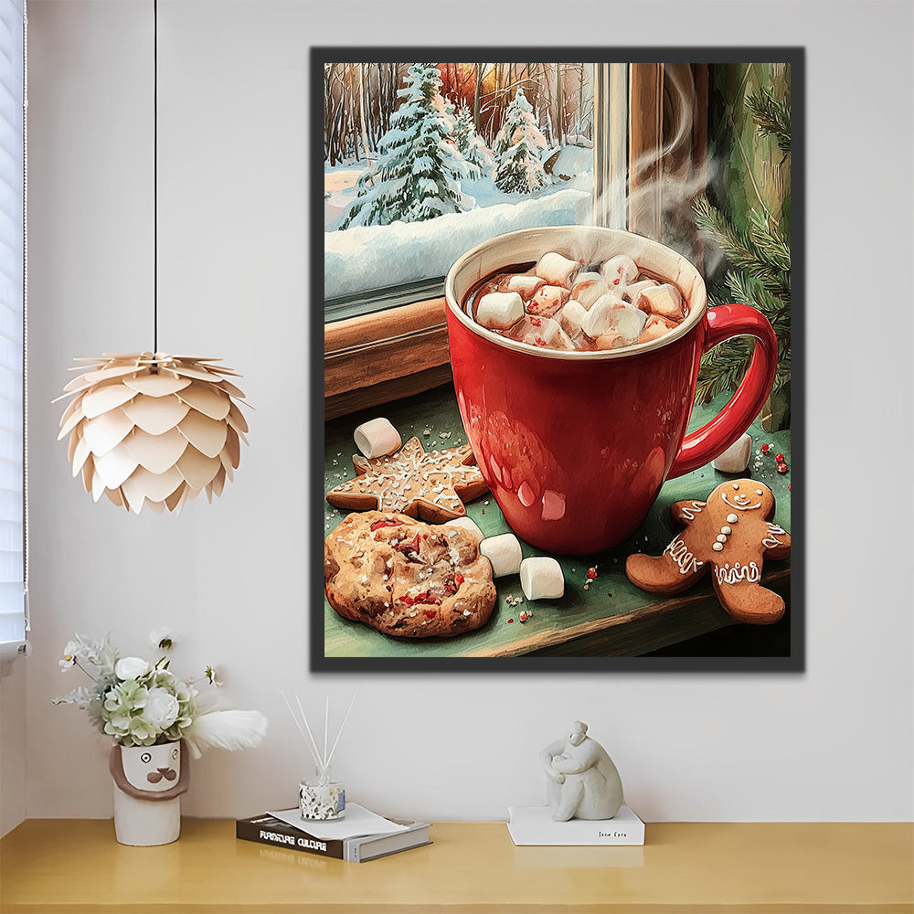 Weihnachtskaffee mit Marshmallows auf der Fensterbank Malen nach Zahlen