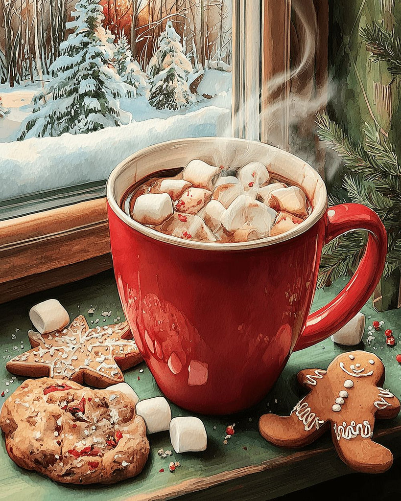 Weihnachtskaffee mit Marshmallows auf der Fensterbank Malen nach Zahlen