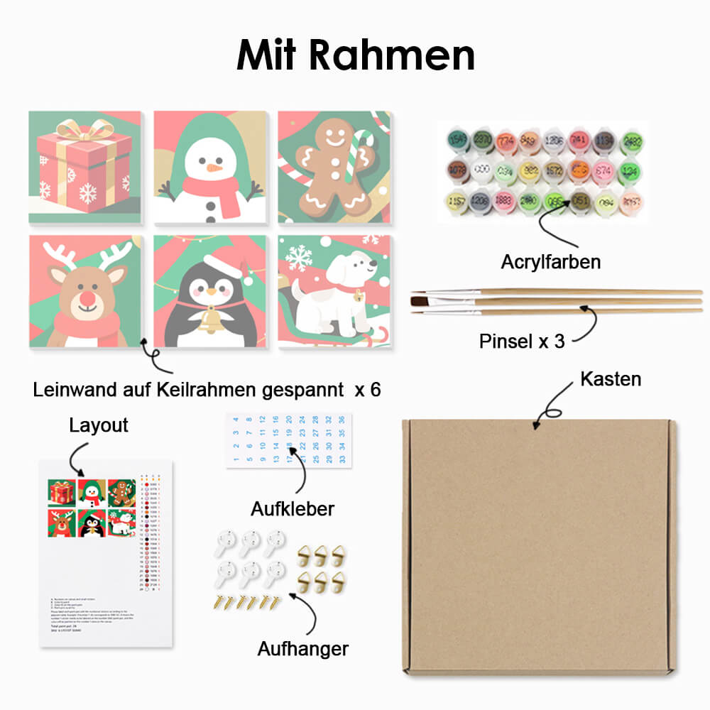 Weihnachtstiere und Geschenk 6 Stück Mini Malen nach Zahlen