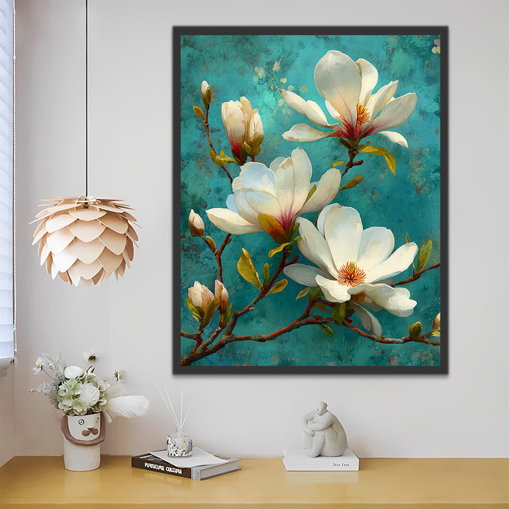 Weiße Magnolienblüten auf grünem Hintergrund Malen nach Zahlen