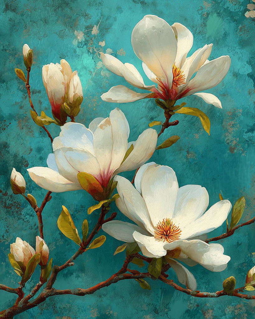 Weiße Magnolienblüten auf grünem Hintergrund Malen nach Zahlen