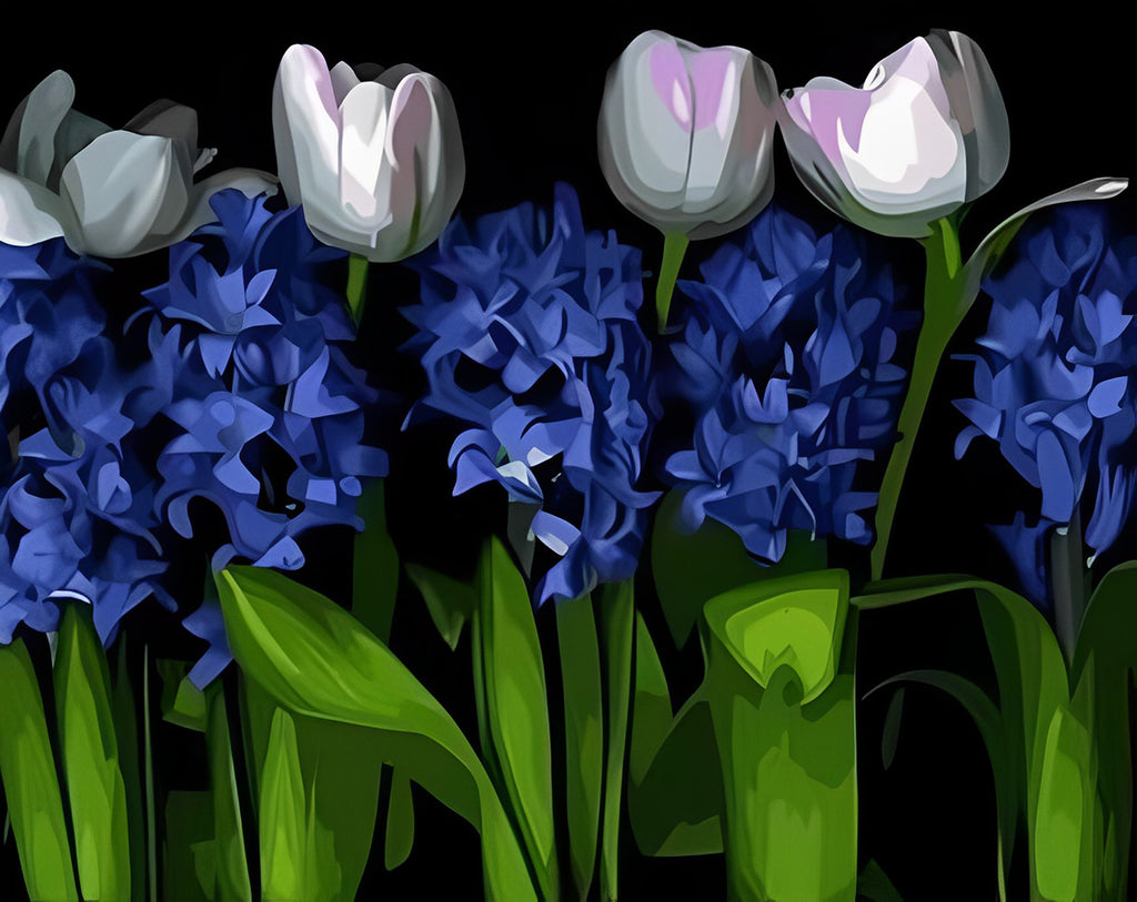 Weiße Tulpen und blaue Hyazinthen Malen nach Zahlen