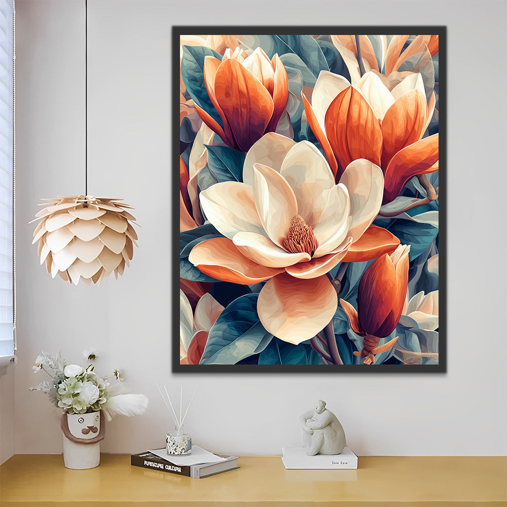 Weiße und orangefarbene Magnolienblüten Malen nach Zahlen