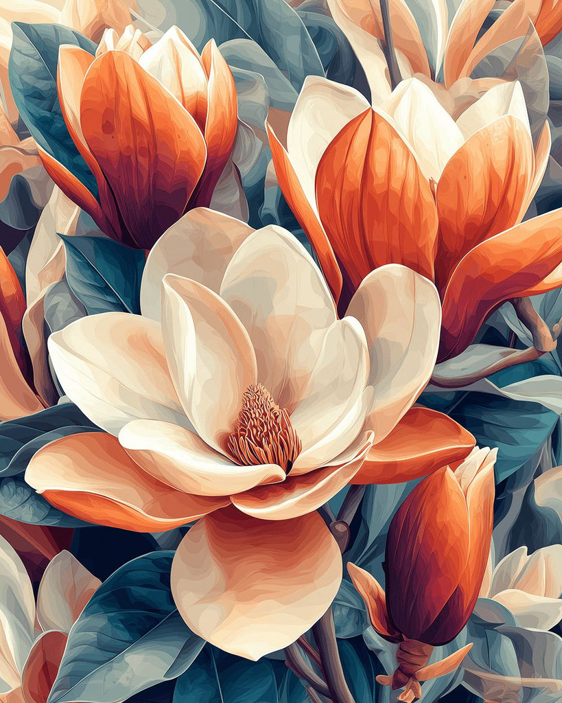 Weiße und orangefarbene Magnolienblüten Malen nach Zahlen