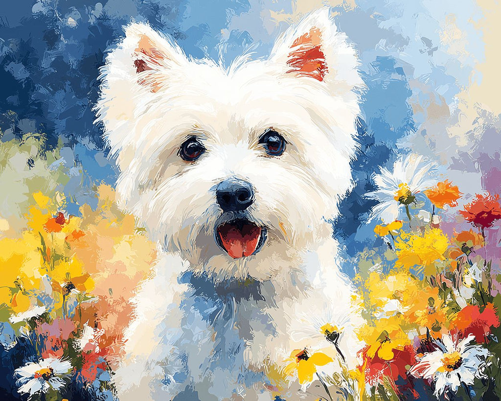 Weißer Westie Terrier und Gänseblümchen Malen nach Zahlen