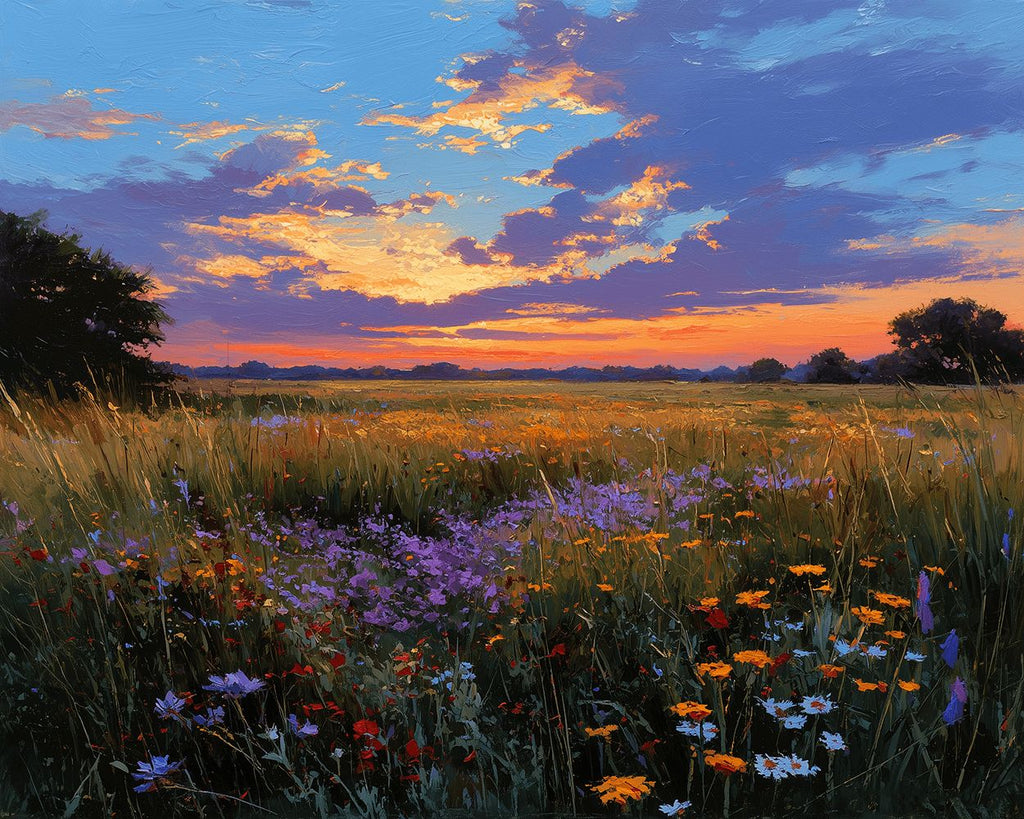 Wiese voller Wildblumen in der Abenddämmerung Malen nach Zahlen