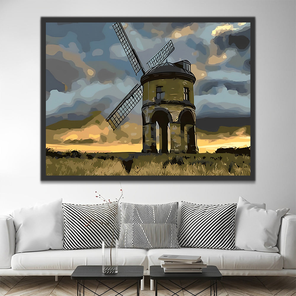 Windmühle unter düsteren Wolken Malen nach Zahlen