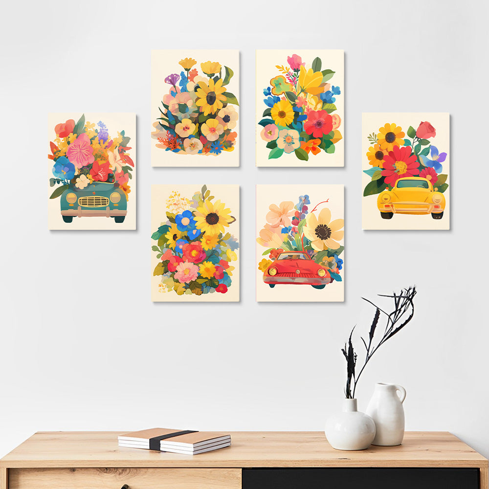 Wunderschöne Blumen in Autos 6 Stück Mini Malen nach Zahlen