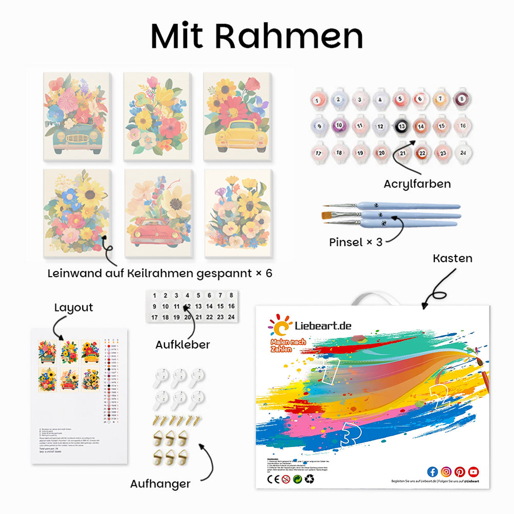 Wunderschöne Blumen in Autos 6 Stück Mini Malen nach Zahlen
