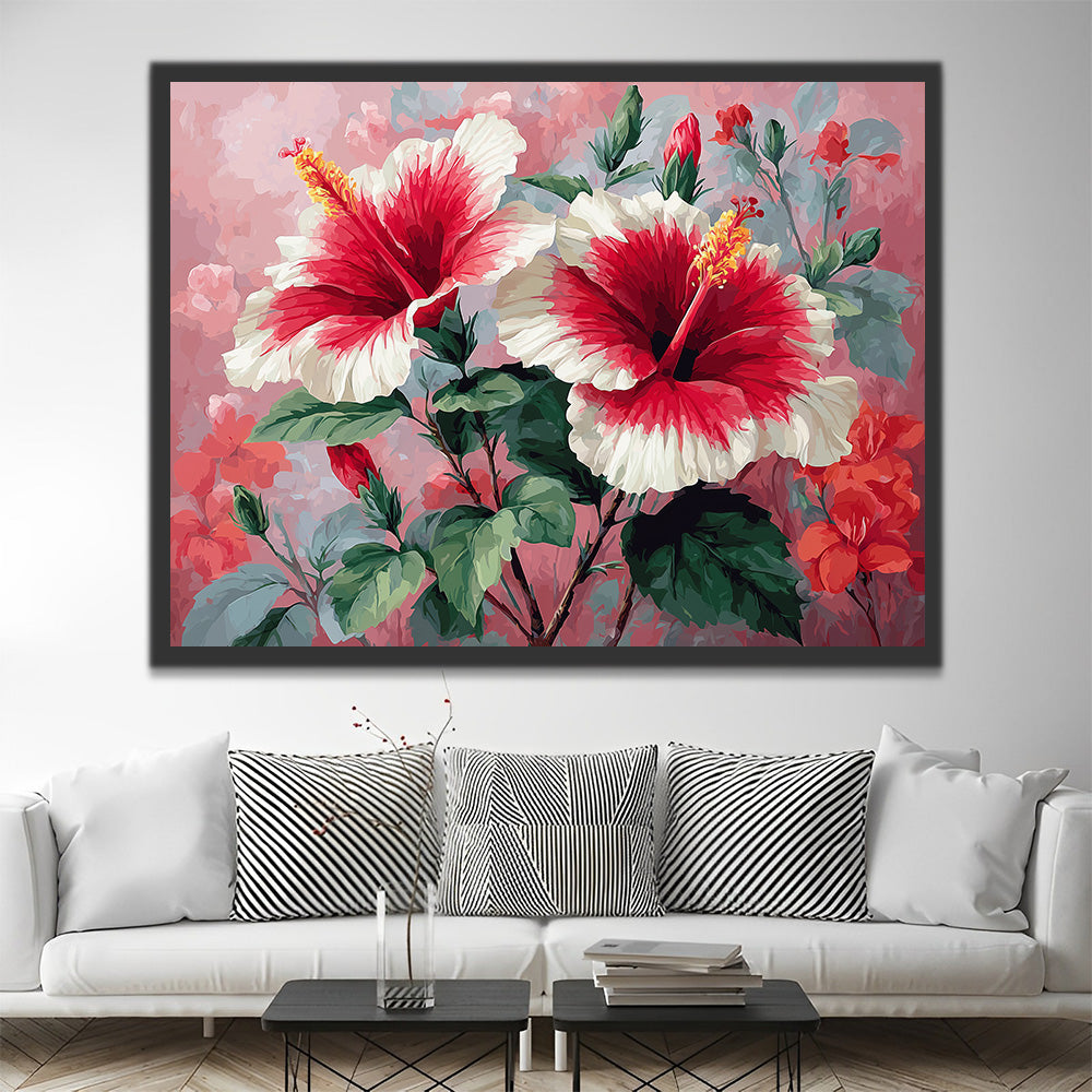 Zwei rote und weiße Hibiskusblüten Malen nach Zahlen