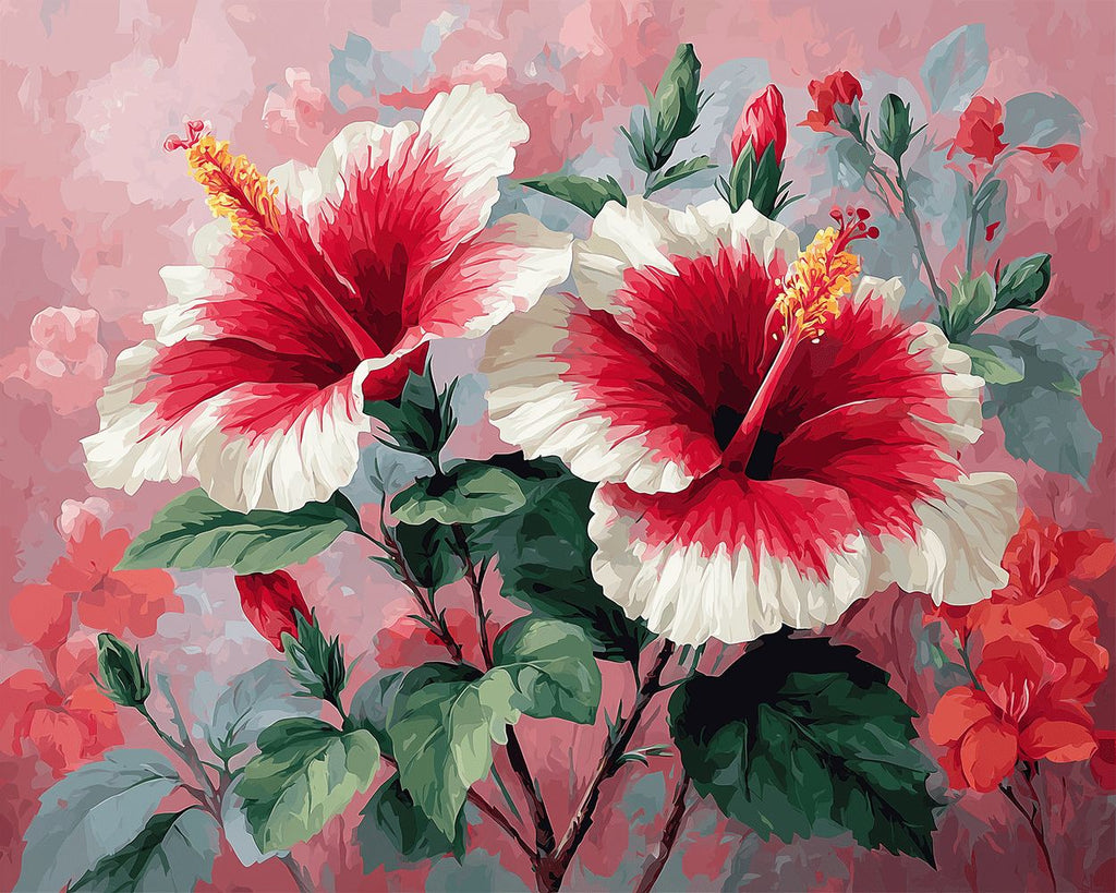 Zwei rote und weiße Hibiskusblüten Malen nach Zahlen