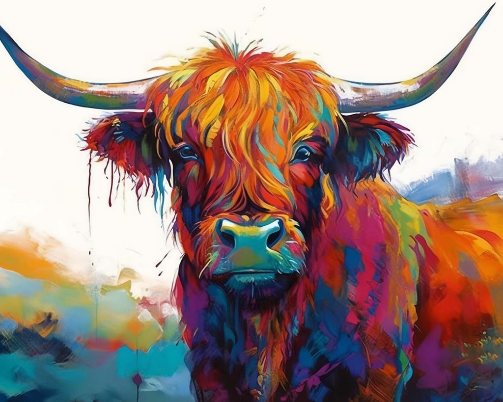 Bunte Longhorn-Kuh Weißer Hintergrund Malen nach Zahlen