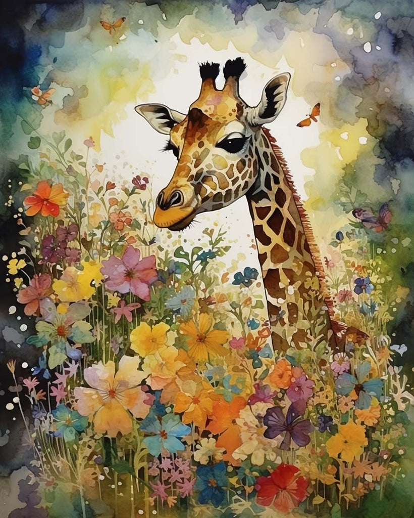 Giraffe und Blumen Dunkler Hintergrund Malen nach Zahlen