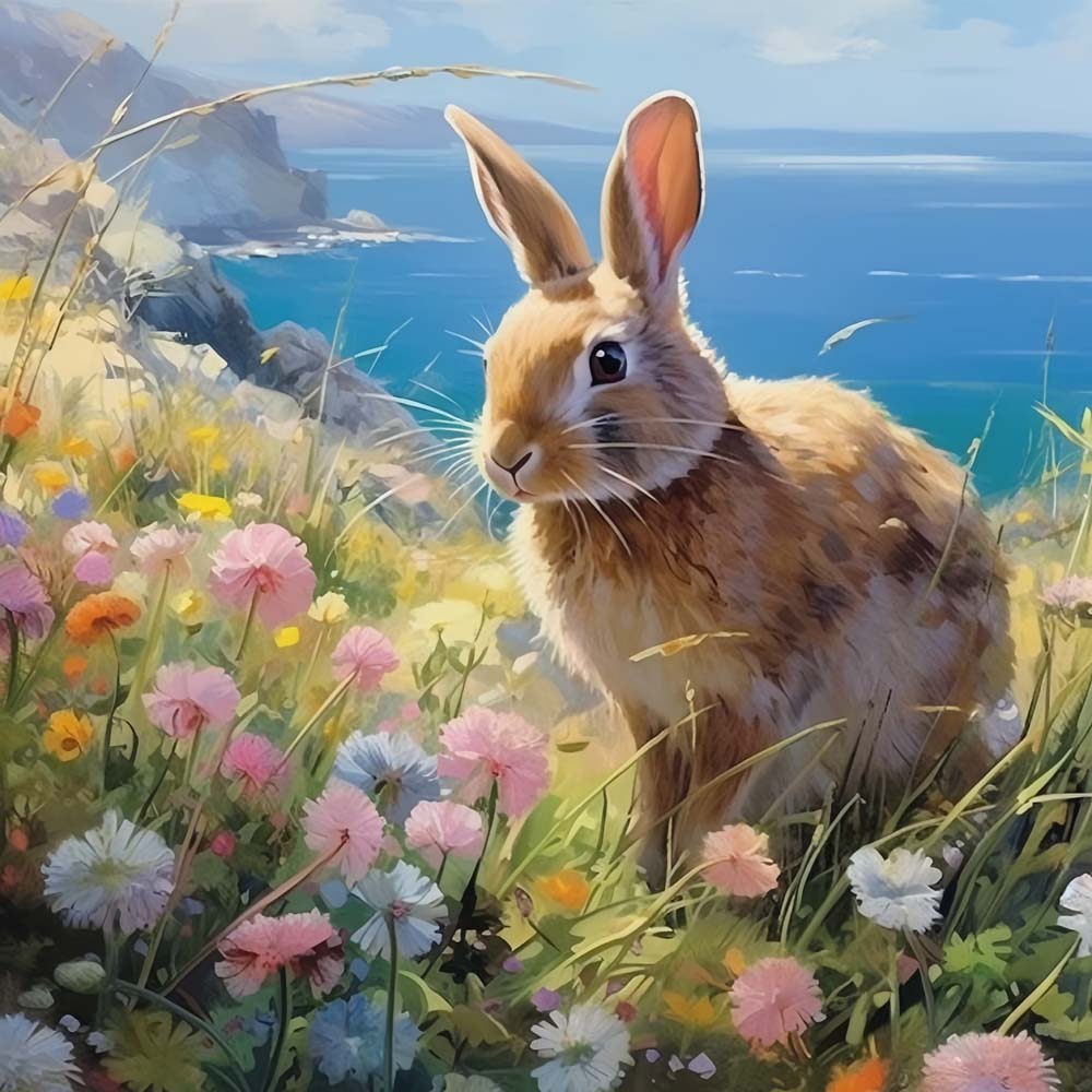 Hase und Blumen am Meer Malen nach Zahlen